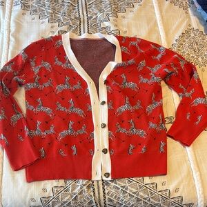 Zebra-Print Cardigan Sweater with white Trim